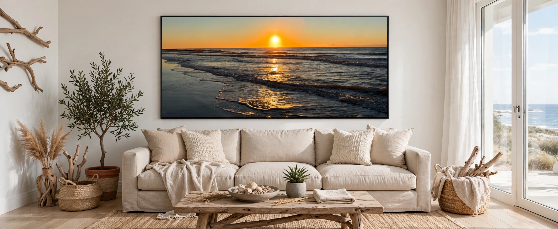 Wet-sand Folly Beach artwork shown as a large metal print above a couch in a bright coastal living room